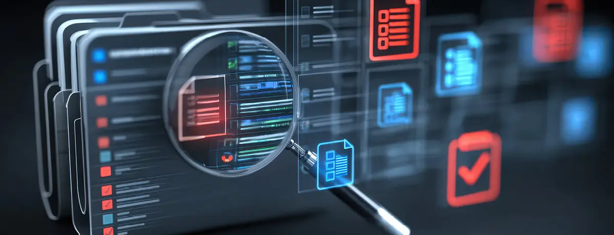 A magnifying glass analyzing digital files and documents to illustrate structured content formatting