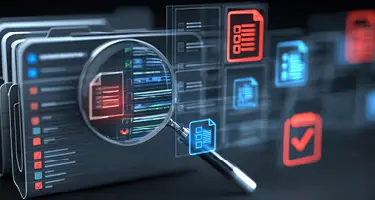 A magnifying glass analyzing digital files and documents to illustrate structured content formatting