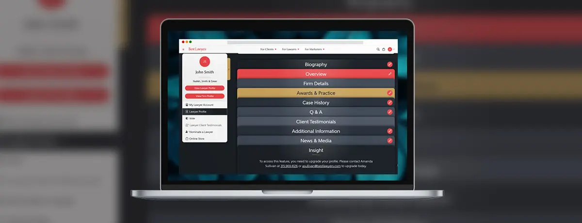 A laptop screen displaying the Best Lawyers profile dashboard showing customizable sections.