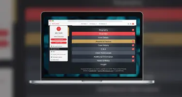 A laptop screen displaying the Best Lawyers profile dashboard showing customizable sections.