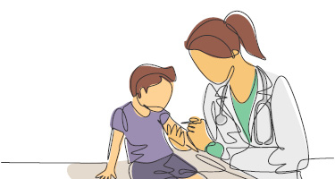 Sketch of doctor providing medical care to child