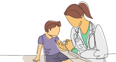 Sketch of doctor providing medical care to child