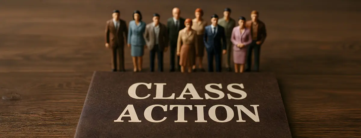 A group of miniature figurines standing united behind a bold "Class Action" placard.