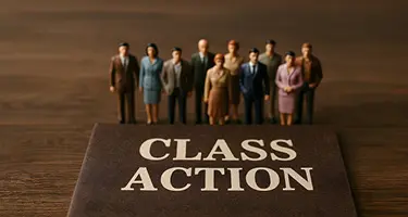 A group of miniature figurines standing united behind a bold "Class Action" placard.