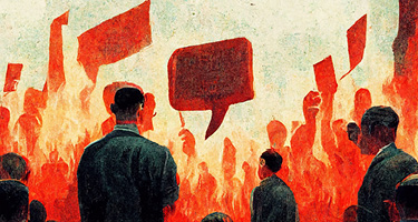 Group of people holding papers with speech bubbles above them