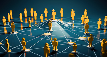 Golden figures of people standing on blue surface connected by white lines