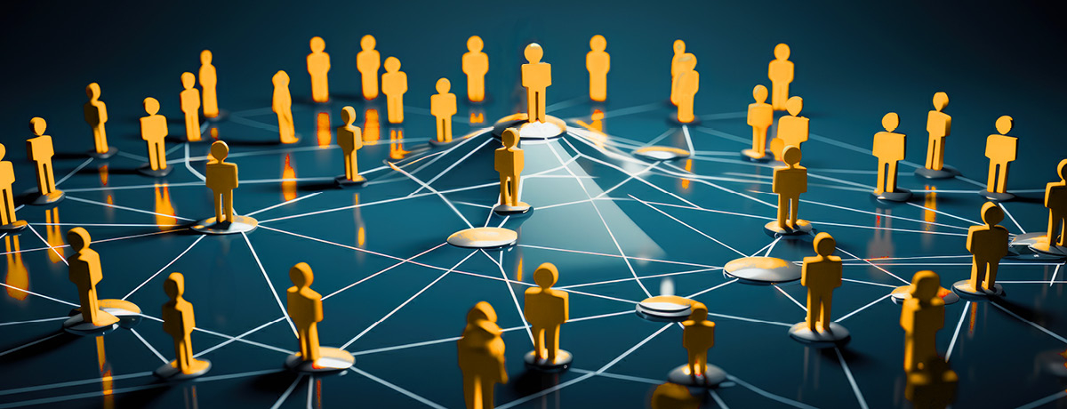 Golden figures of people standing on blue surface connected by white lines