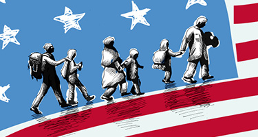 Illustration of Immigrant Family Journey in Front of American Flag