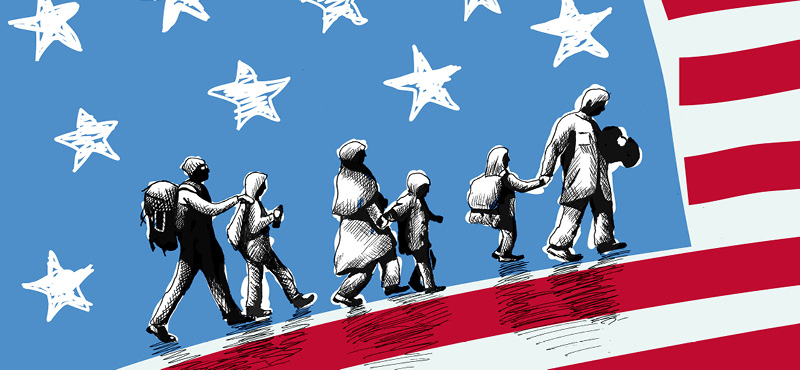 Illustration of Immigrant Family Journey in Front of American Flag