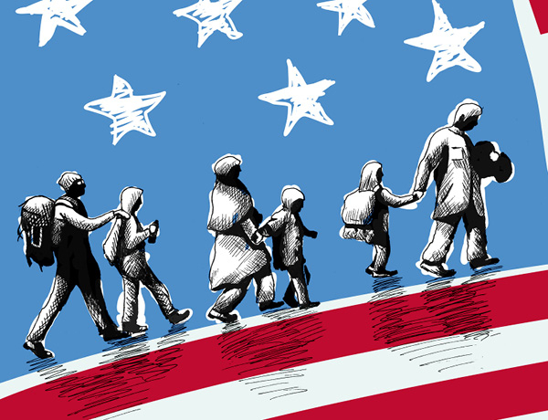 Illustration of Immigrant Family Journey in Front of American Flag