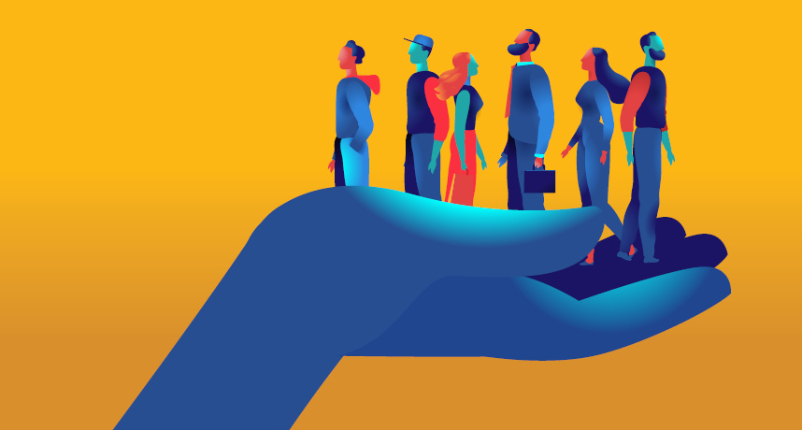 Figures standing on giant hand 