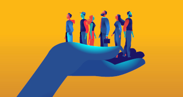 Figures standing on giant hand