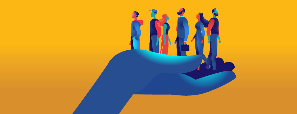 Figures standing on giant hand