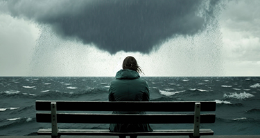Grieving person sitting on park bench in front of ocean and storm