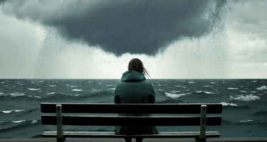 Grieving person sitting on park bench in front of ocean and storm