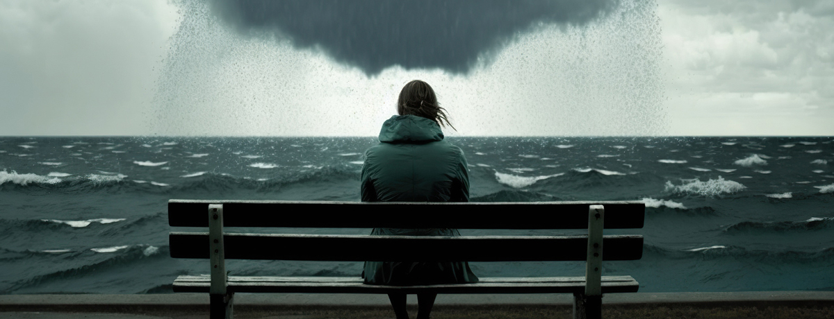 Grieving person sitting on park bench in front of ocean and storm