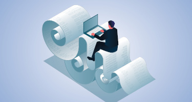 Illustration of person sitting on big roll of paper and typing on laptop