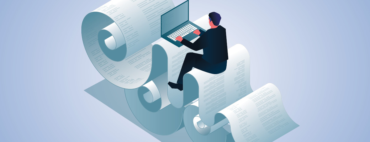 Illustration of person sitting on big roll of paper and typing on laptop
