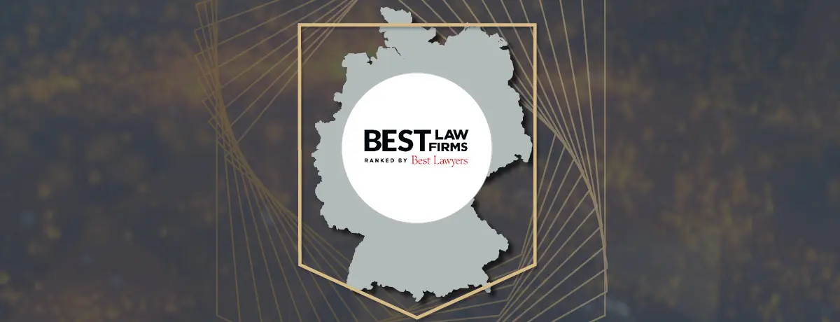 Best Law Firms badge over a gray silhouette map of Germany inside a gold crest design