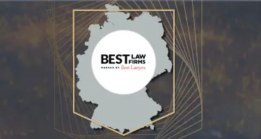 Best Law Firms badge over a gray silhouette map of Germany inside a gold crest design