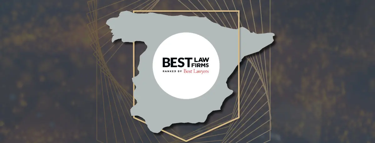 A grey map of Spain featuring the Best Law Firms logo in a white circle at the center.