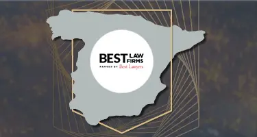 A grey map of Spain featuring the Best Law Firms logo in a white circle at the center.