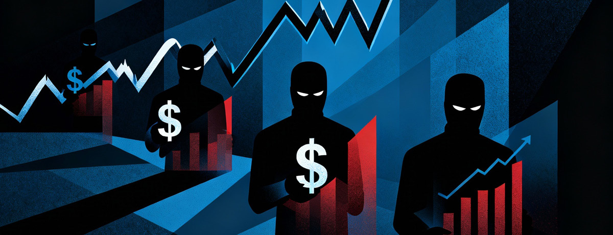 Illustration of shadowy figures with dollar-sign symbols against a backdrop of rising stock charts a