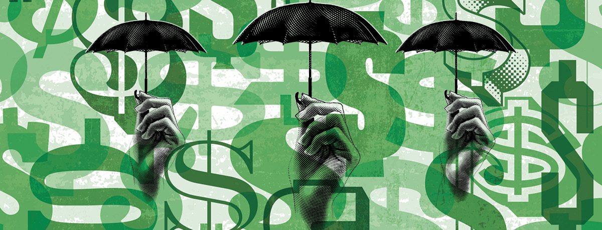 Three hands holding umbrellas against green background of dollar signs
