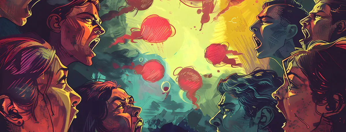 An illustration of two groups of people facing each other with open mouths.