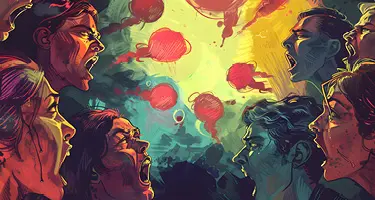 An illustration of two groups of people facing each other with open mouths.