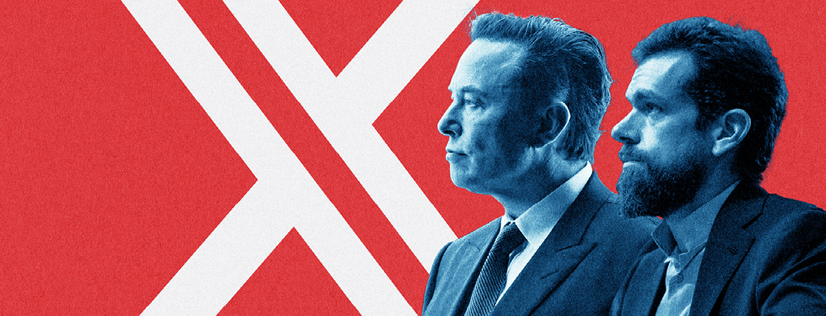 Elon Musk and Jack Dorsey standing together Infront of the X logo 