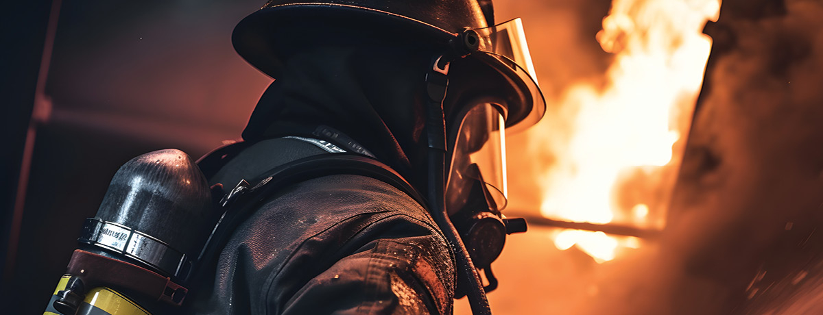Firefighter stands with their back turned with flames in the background