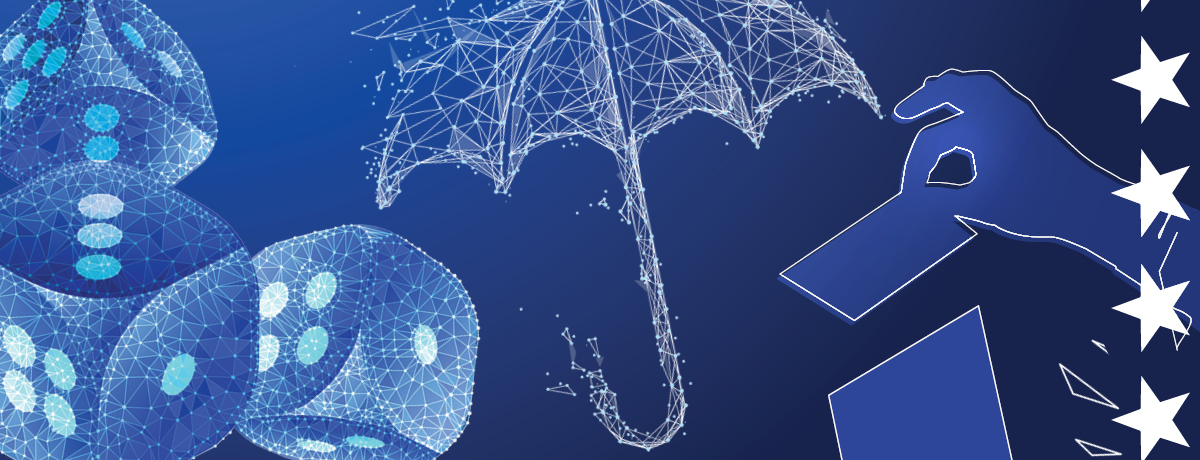 Umbrella, dice and swipe card all digitized with blue background