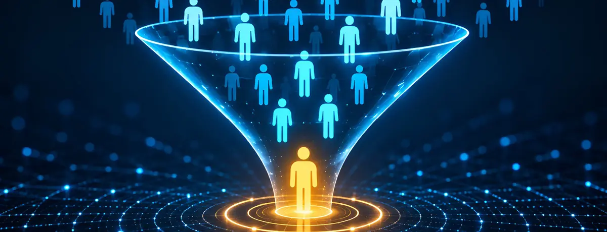 3D glowing funnel filtering blue human icons down to a single yellow highlighted figure