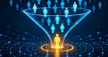 3D glowing funnel filtering blue human icons down to a single yellow highlighted figure