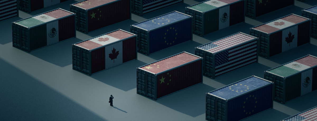 Global shipping containers covered in flags