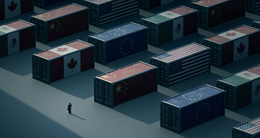 Global shipping containers covered in flags