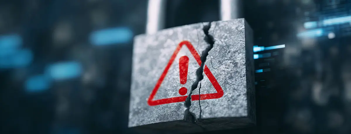 A close-up photograph of a weathered, grey metallic padlock that is cracked down the middle.
