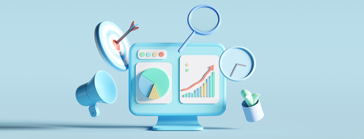 3D Computer with Icons Representing ROI Tools and Metrics