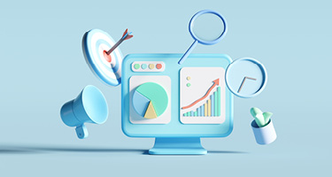 3D Computer with Icons Representing ROI Tools and Metrics