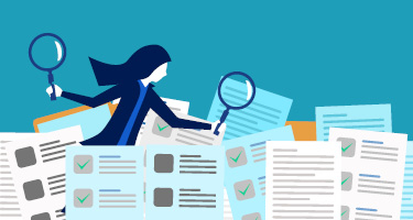 Animated woman with magnify glasses searching through papers