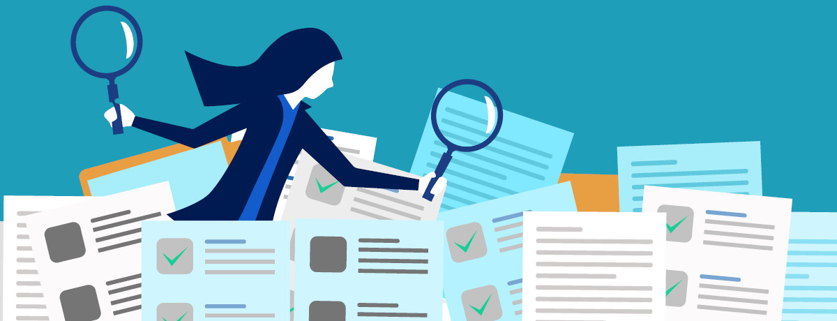 Animated woman with magnify glasses searching through papers