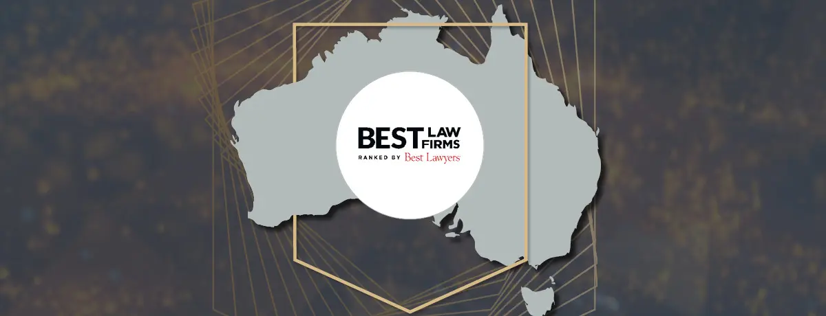  Best Law Firms Ranked by Best Lawyers logo overlaid on a map of Australia.