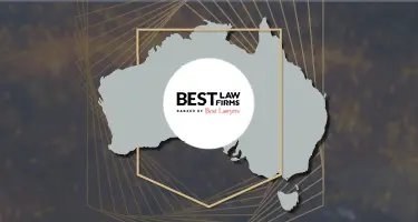  Best Law Firms Ranked by Best Lawyers logo overlaid on a map of Australia.