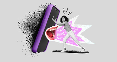 Image of person pushing giant phone with mouth and words coming out