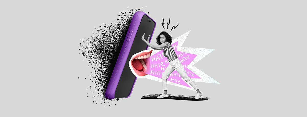 Image of person pushing giant phone with mouth and words coming out
