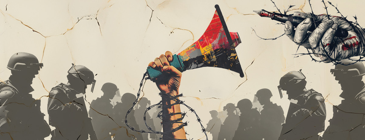 Megaphone held up by arm wrapped in barbed wire