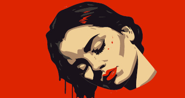Illustration of woman hanging head in sadness against red backdrop
