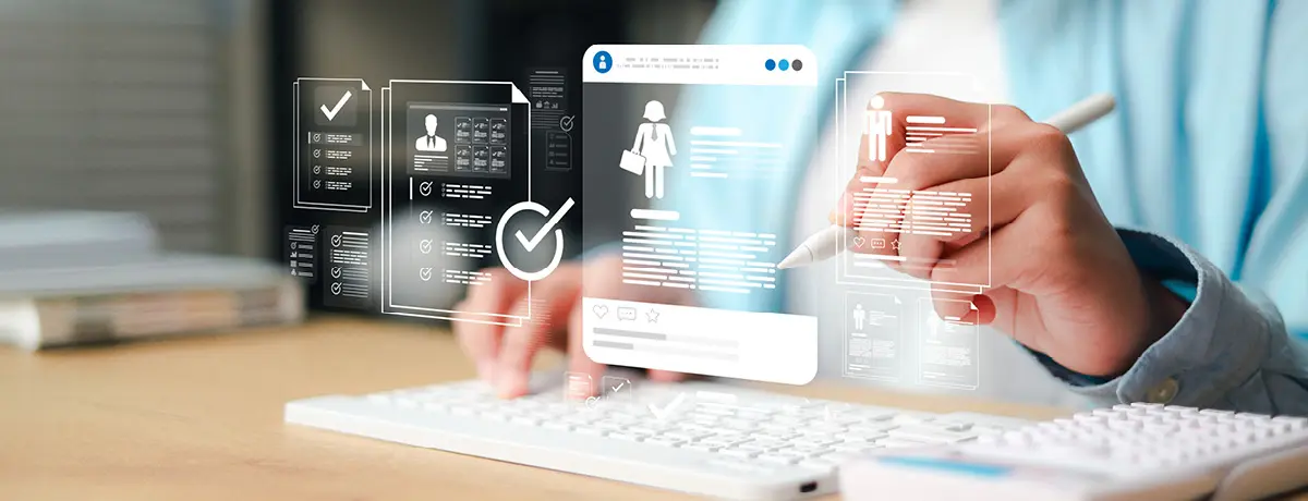 Hand using a stylus on digital screens displaying lawyer profile data and verification checkmarks.