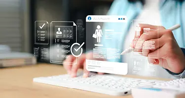 Hand using a stylus on digital screens displaying lawyer profile data and verification checkmarks.